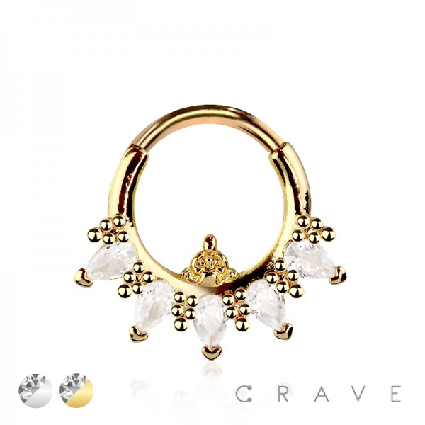 316L SURGICAL STEEL MULTI CZ LINE TEAR DROP CENTER CZ SEPTUM HINGED SEGMENT HOOP RING